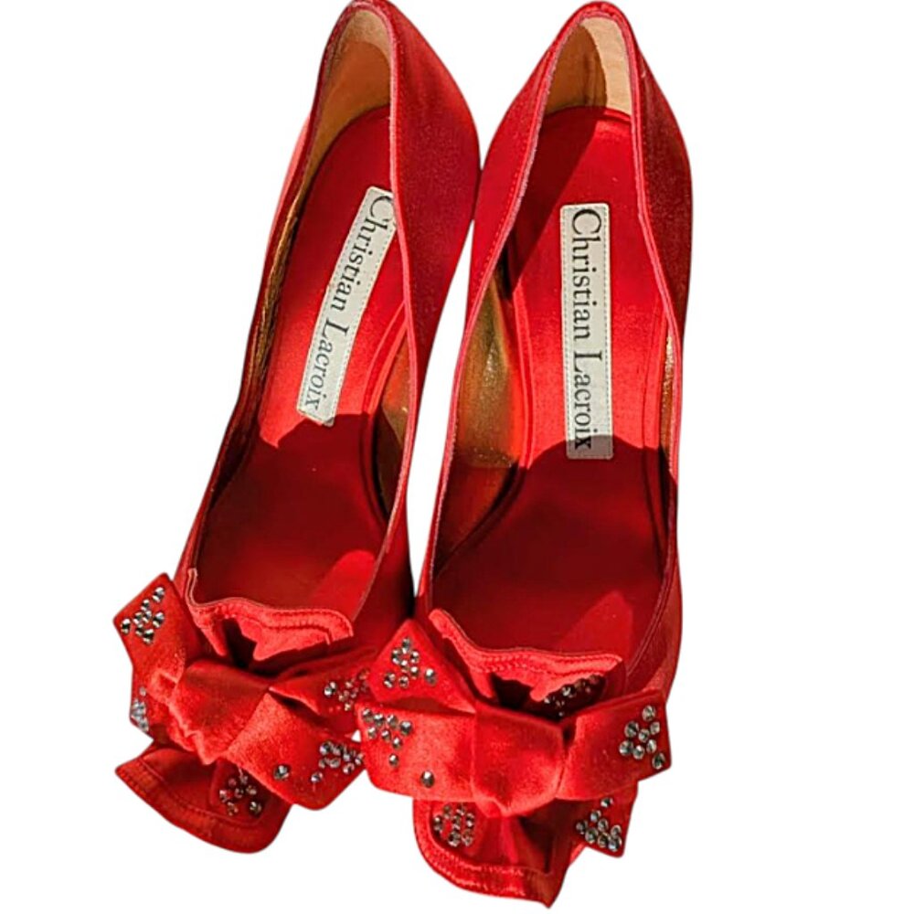 Vintage Christian Lacroix Red Satin Bow Rhinestone Peep Toe Pumps Y2K Designer - Picture 4 of 7